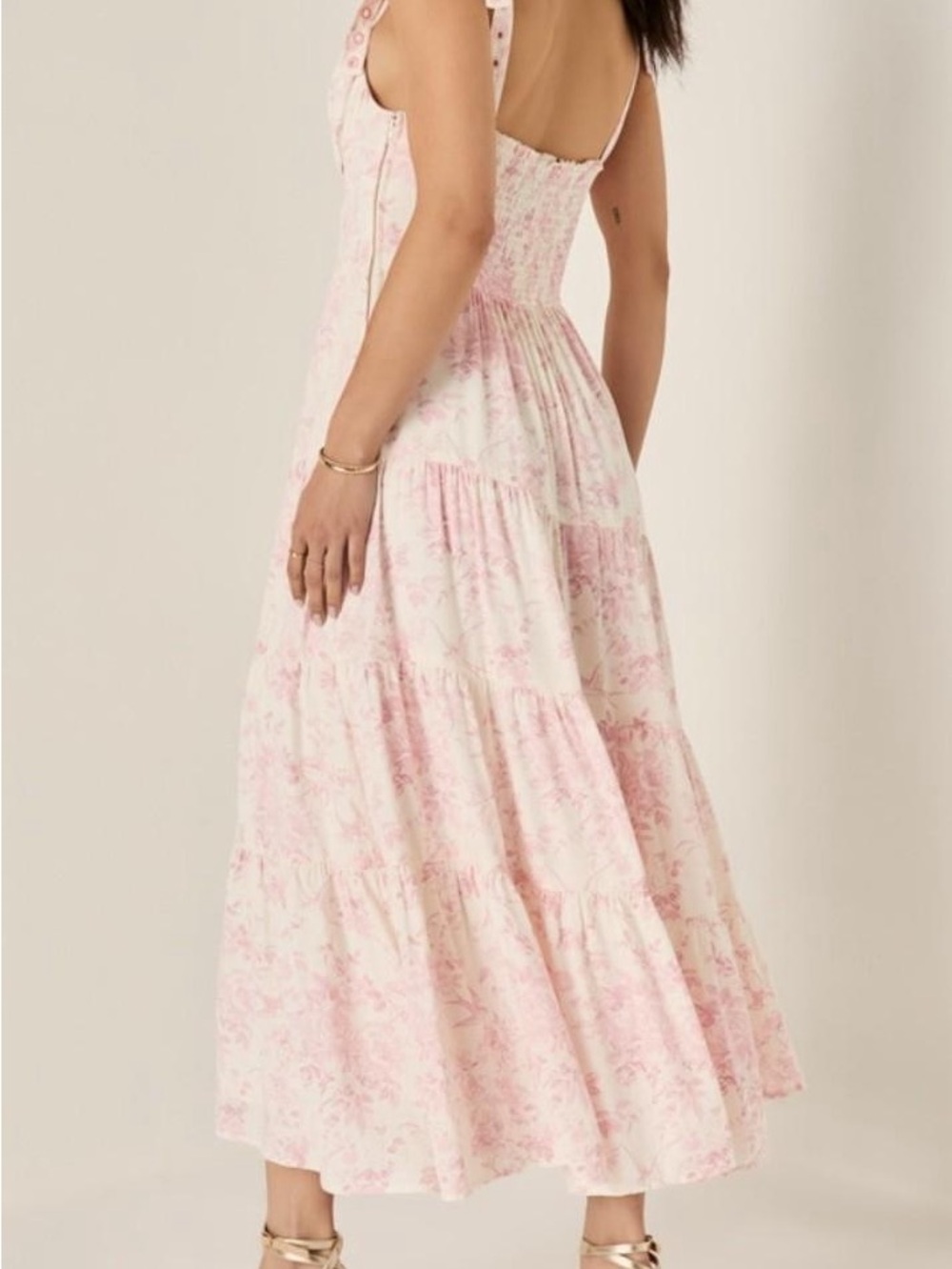 Francesca's Collections Pink Floral Tie-Shoulder Tiered Midi Dress - Picture 2 of 5